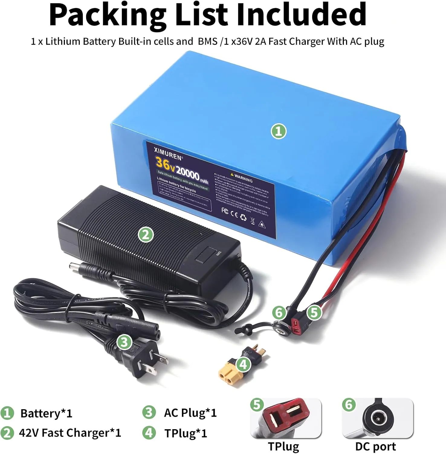 36V Battery 20Ah Ebike Battery 36V Lithium Battery 20Ah Electric with 2A Charger, T-Plug to XT60 Connector and 40A BMS for 250-1000W Electric Bicycles Motor and Scooter
