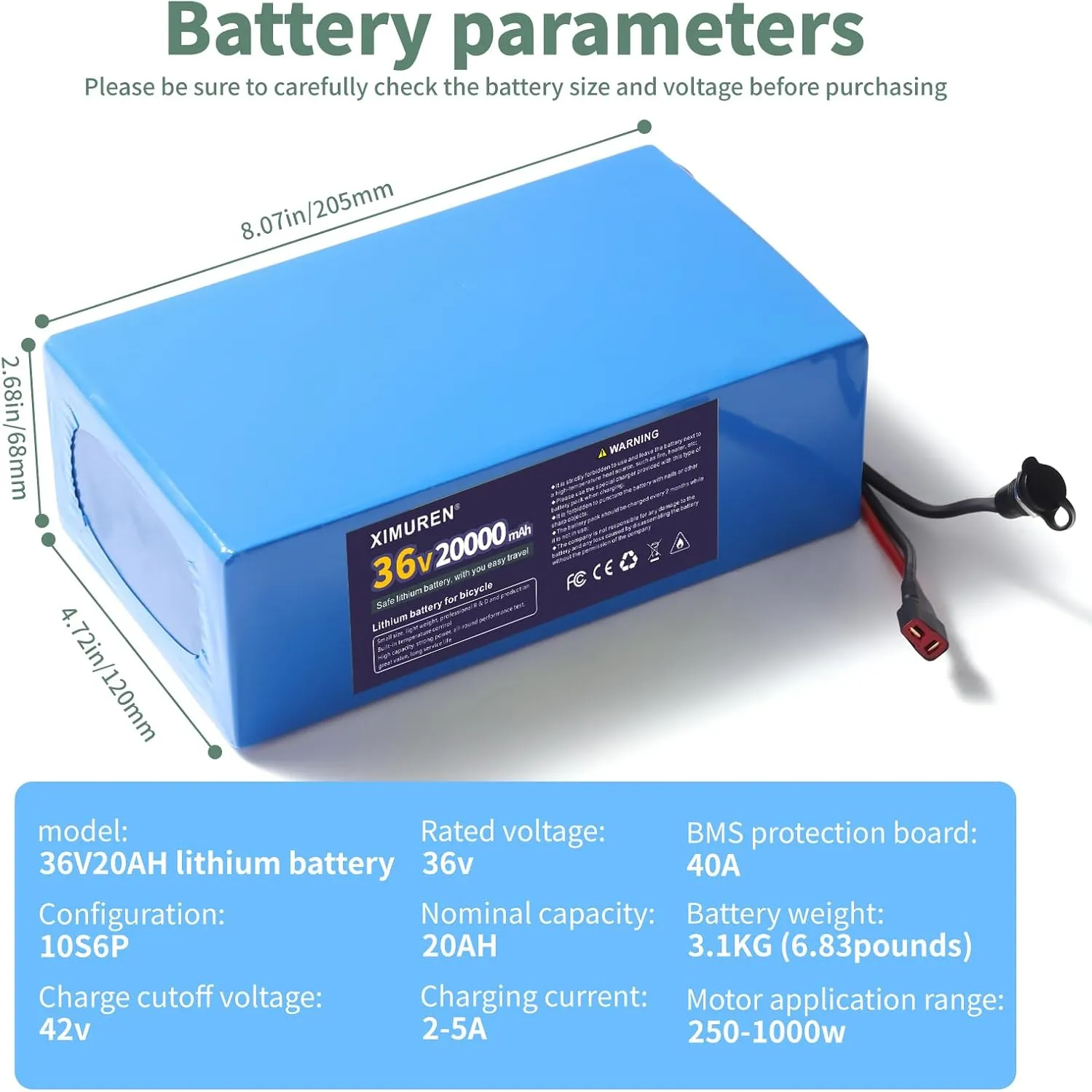 36V Battery 20Ah Ebike Battery 36V Lithium Battery 20Ah Electric with 2A Charger, T-Plug to XT60 Connector and 40A BMS for 250-1000W Electric Bicycles Motor and Scooter