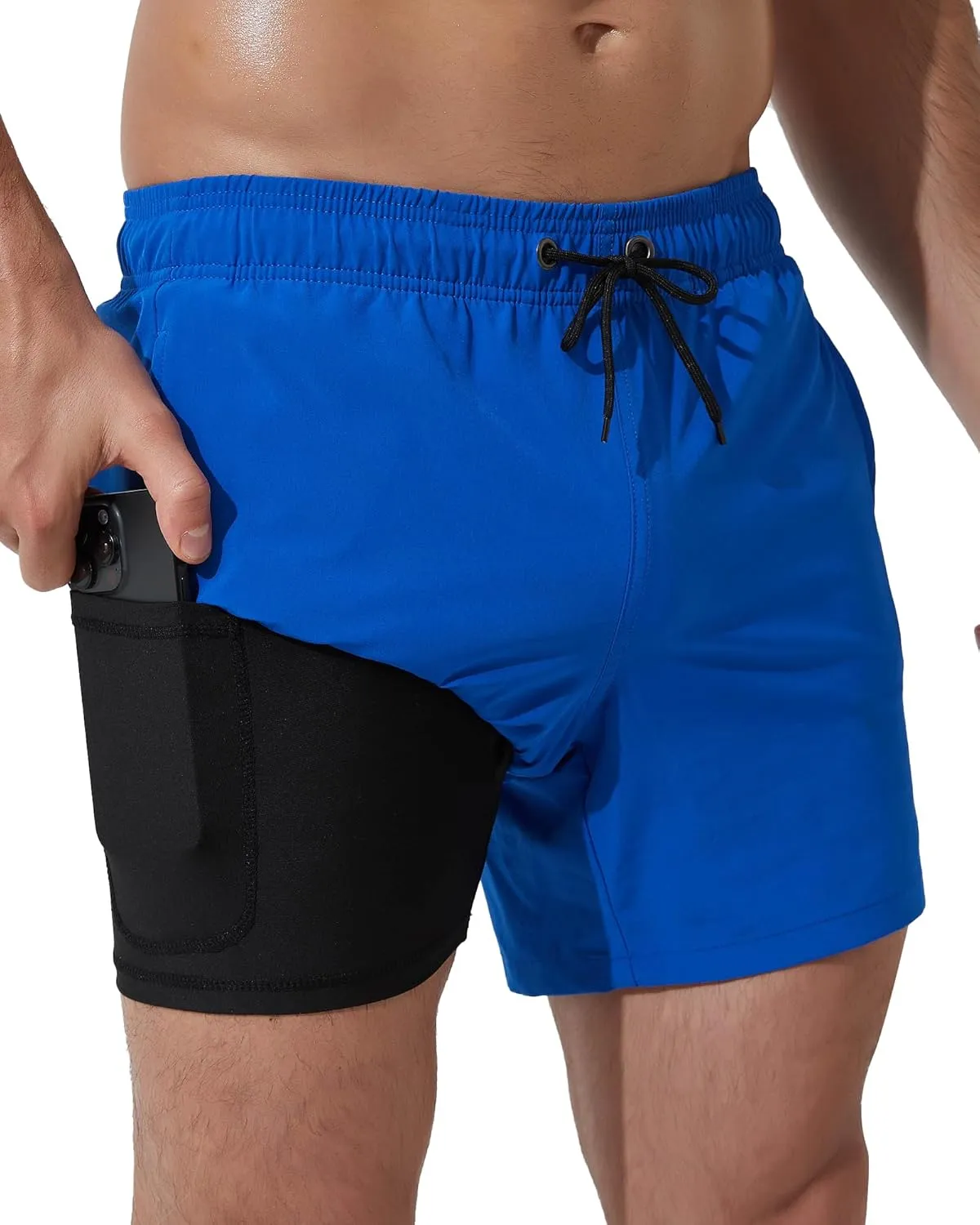 Arcweg Mens Swim Trunks with Compression Liner 5.5" Inseam Quick Dry Board Shorts with Zipper Pockets Bathing Suit