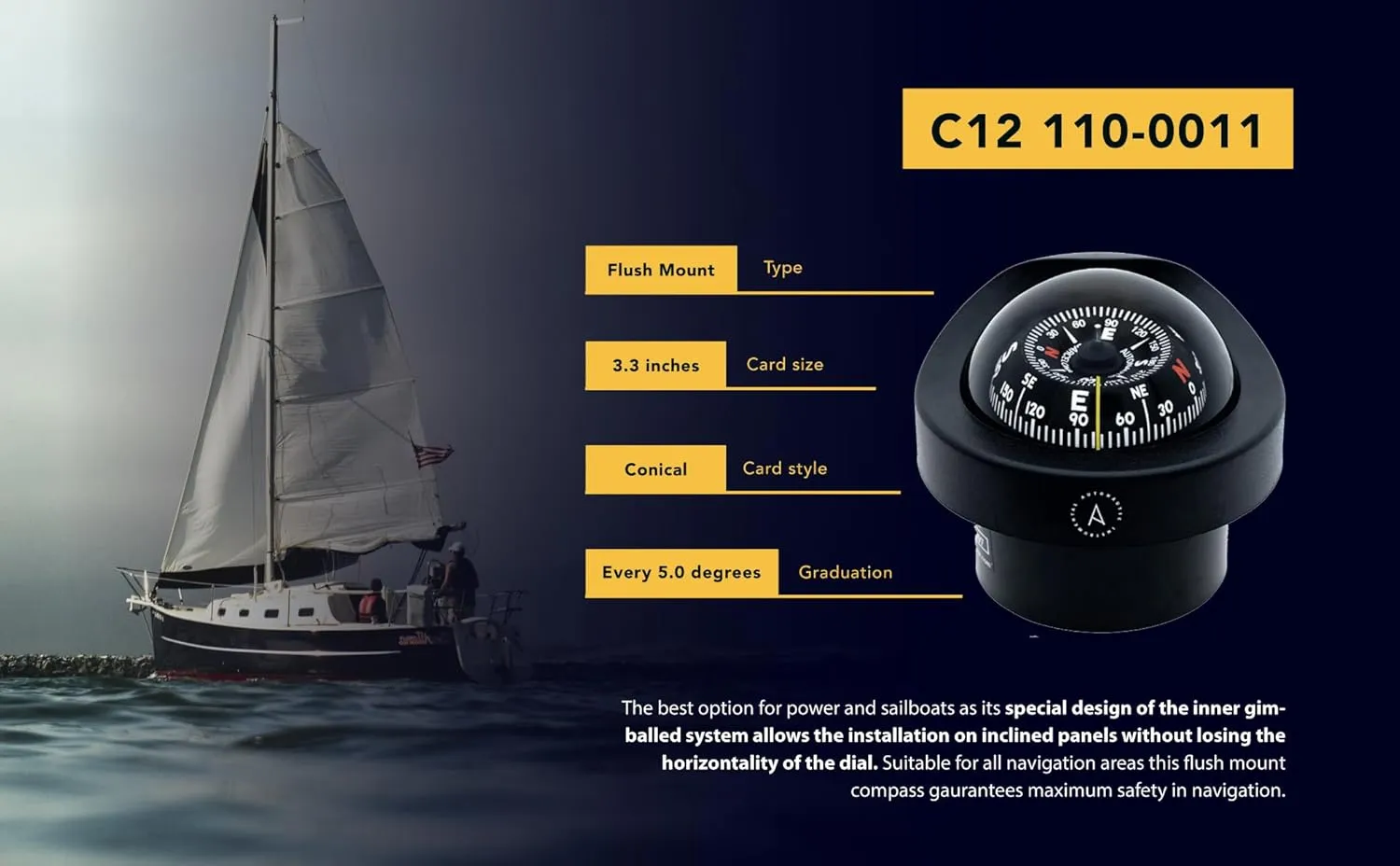 Autonautic - Flush Mount Compass with a Clear Looking Design for Sailboat - 85mm Direct-Read Dial - Suitable Inclined Panels Without Losing The Horizontality - Mounting Hole 85 mm - Made in Europe