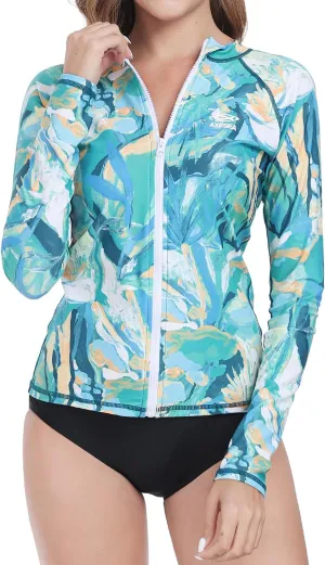 AXESEA Women Long Sleeve Rash Guard UPF 50  UV Sun Protection Zip Front Swimsuit Shirt Printed Surfing Shirt Top