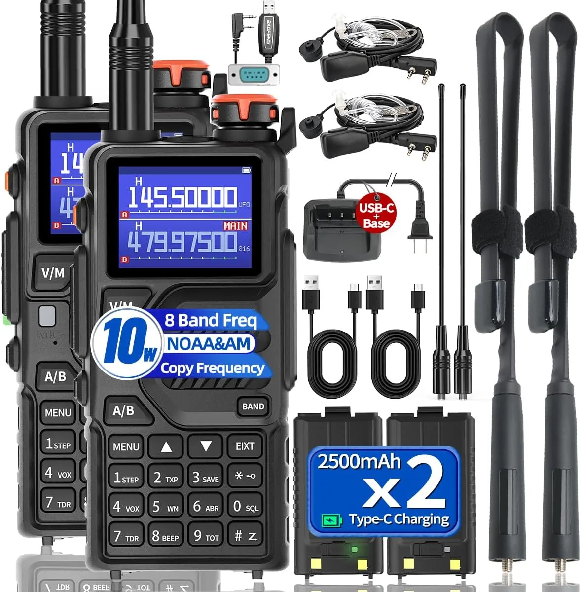 BAOFENG Radio Ham Radio K5Plus 10W Handheld Long Range with Tactical Antenna, Portable Two Way Walkie Talkie for Adults UV-K5 Radio with Copy Frequency,2500mAh USB-C Battery (2Pack