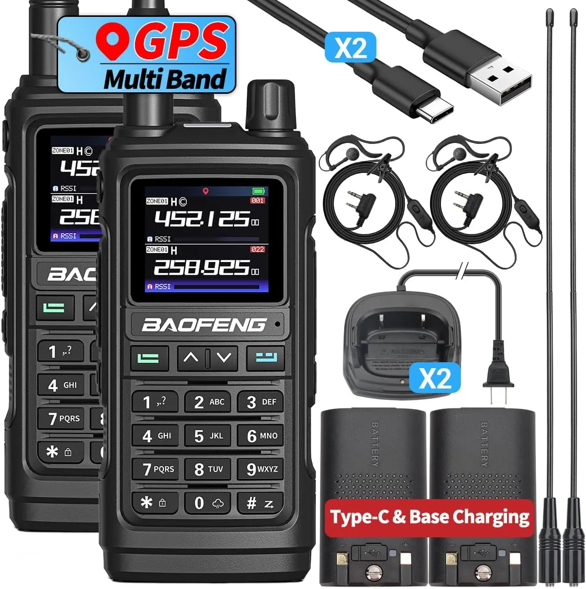 BAOFENG UV-17 PRO GPS Ham Radio Long Range Handheld Radios Walkie Talkies 999 Channels NOAA Weather Receiver Copy Frequency DTMF USB Charger High Gain Antenna, 2 Pack