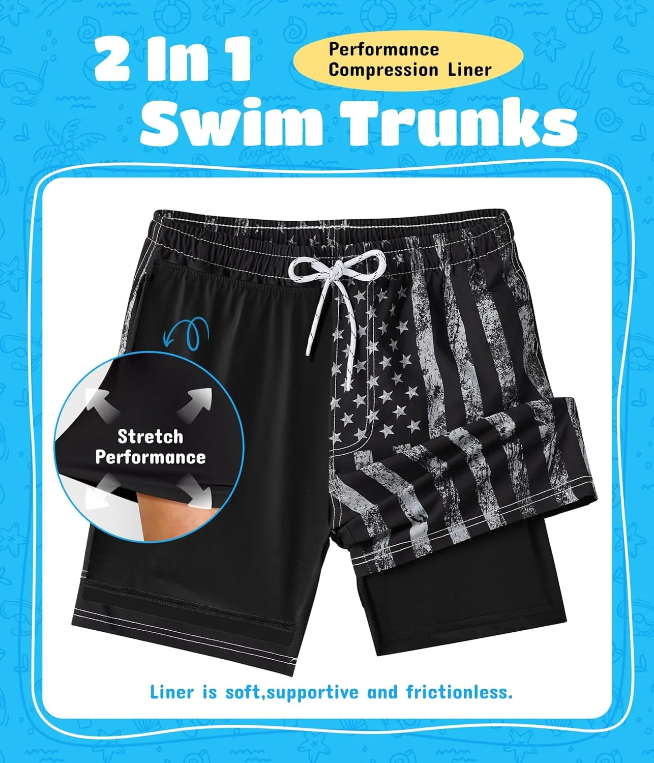Boys Swim Trunks with Compression Liner Quick Dry Swim Shorts Summer Beach Shorts