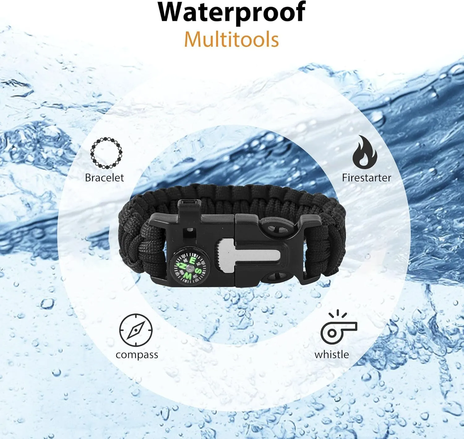 Bracelets,Survival Bracelets for Men Paracord Tactical 5-in-1 Camping Gear Kits,with 12-ft Detachable Parachute Rope,Fire Starter,Embedded Compass,Whistle&Emergency Multitools