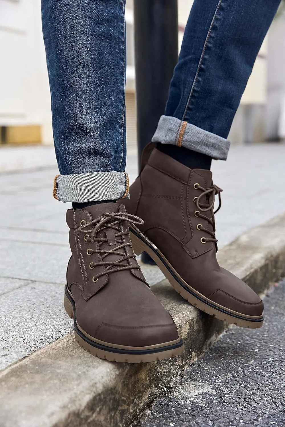 Coutgo Men's Chukka Boots Lace Up Motorcycle Boots Non-Slip Sole Work Waterproof Dress Ankle Boots