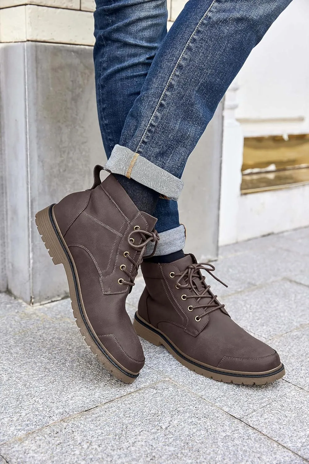 Coutgo Men's Chukka Boots Lace Up Motorcycle Boots Non-Slip Sole Work Waterproof Dress Ankle Boots