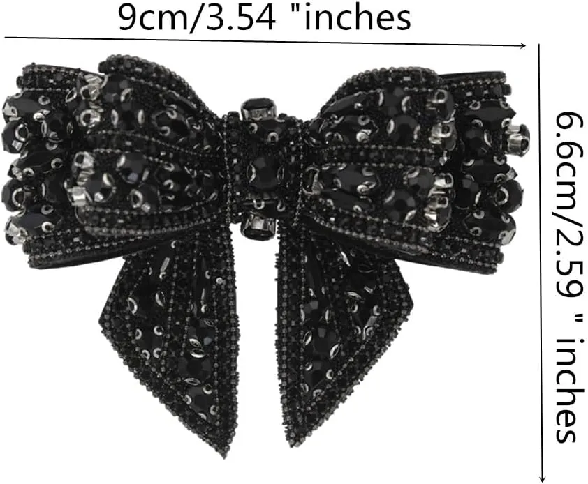 DIY Craft Knot Bow Patches with Crystal Rhinestone Applique Bow Tie Patches for Wedding Shoes Decor Brooches 2 Pieces (Black)
