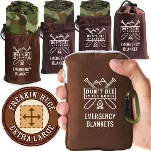 Don't Die In The Woods - Freakin Huge Emergency Blankets [4-Pack] Extra-Large Thermal Mylar Space Blankets with Ripstop Nylon Stuff Sacks   Carabiner Zipper Pack [Woodland Camo]