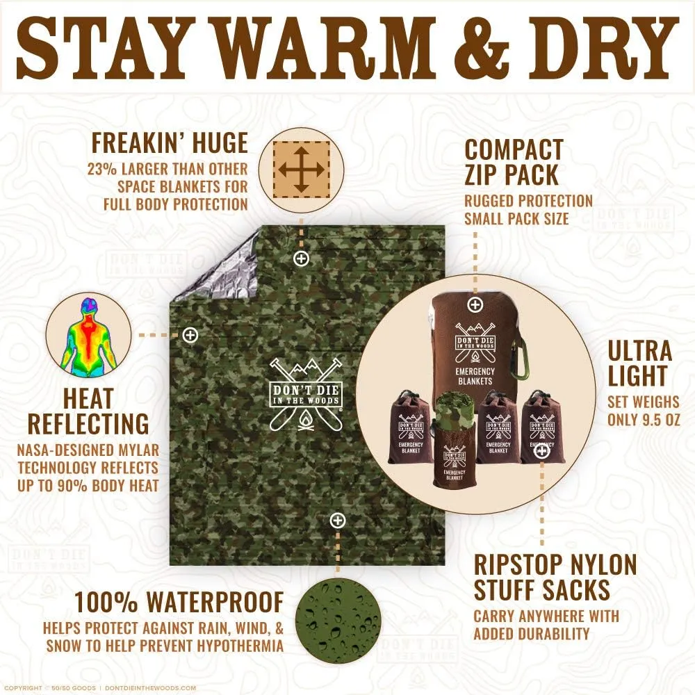 Don't Die In The Woods - Freakin Huge Emergency Blankets [4-Pack] Extra-Large Thermal Mylar Space Blankets with Ripstop Nylon Stuff Sacks   Carabiner Zipper Pack [Woodland Camo]