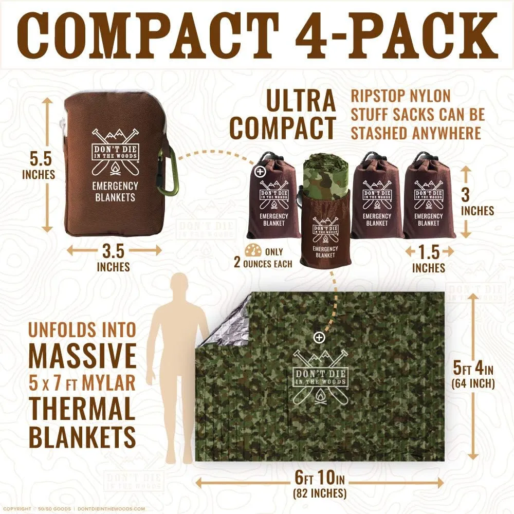 Don't Die In The Woods - Freakin Huge Emergency Blankets [4-Pack] Extra-Large Thermal Mylar Space Blankets with Ripstop Nylon Stuff Sacks   Carabiner Zipper Pack [Woodland Camo]