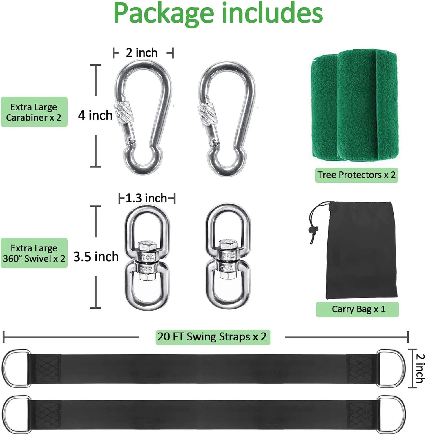 Extra Long Tree Swing Straps, 3FT/8FT/10FT/20FT/30FT Tree Swing Hanging Straps Kit Holds 5000 lbs with Tree Protector, Heavy Duty Carabiner and Swivel Perfect for Swings & Hammocks (20 FT)