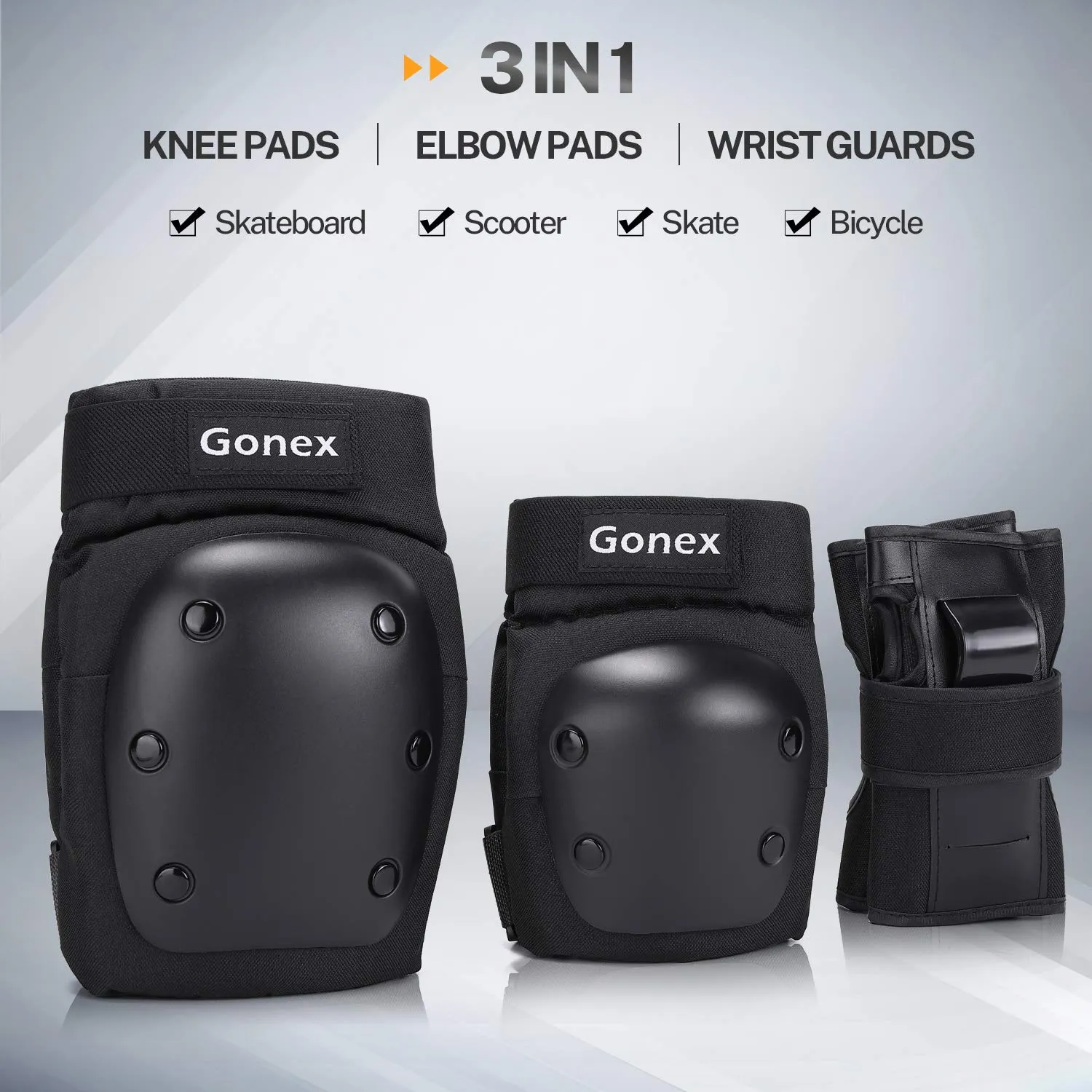 Gonex Knee Pads Elbow Pads with Wrist Guards, Kids Youth Adult Skateboard Skate Pads 3 in 1 Protective Gear Set for Skateboarding Skating Roller Skating Scooter Cycling Biking Bicycle, Black L
