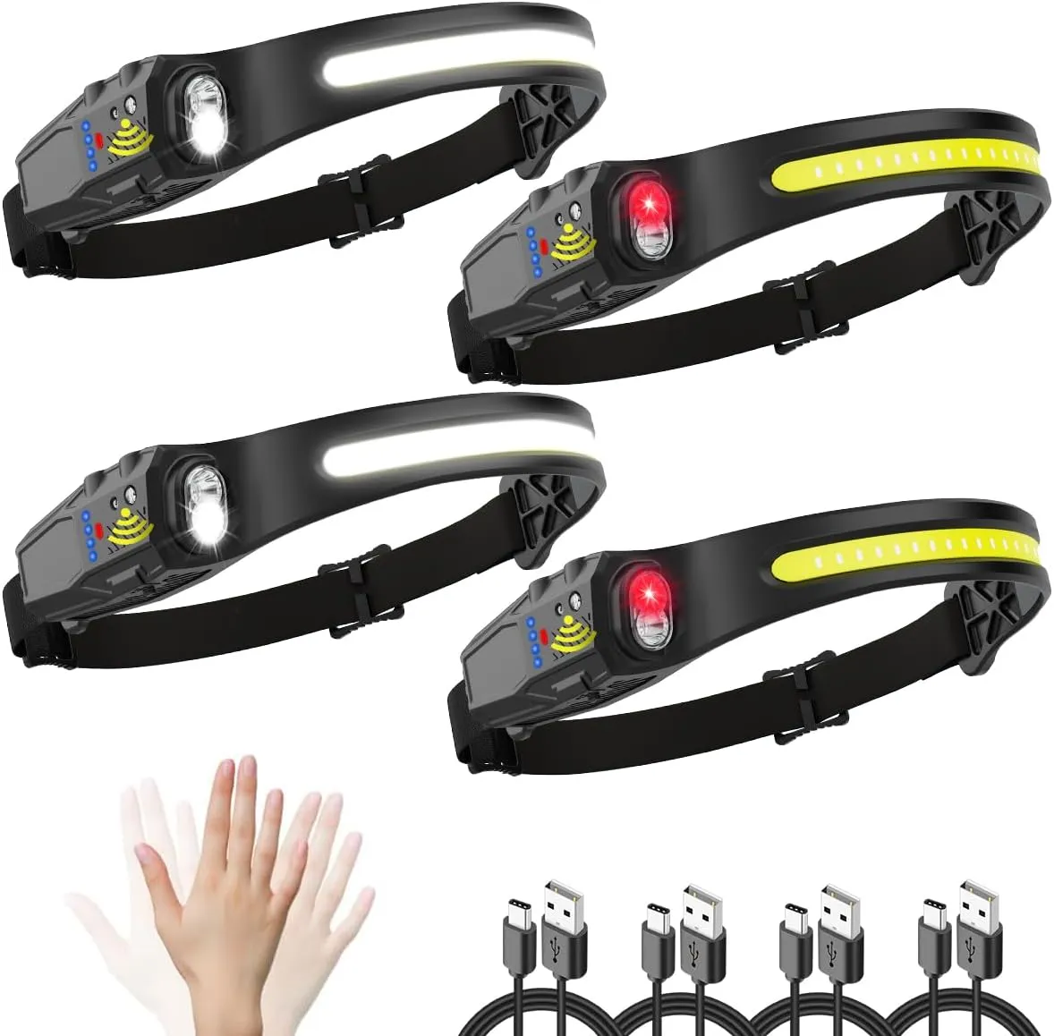 Headlamp Rechargeable 4Pack, LED Headlamp with Motion Sensor, 5Mode Headlamps for Adults, 230 COB Wide Beam Headlight, Bright Head Flashlight for Camping Accessories Gear, Hiking, Fishing, Running