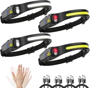 Headlamp Rechargeable 4Pack, LED Headlamp with Motion Sensor, 5Mode Headlamps for Adults, 230 COB Wide Beam Headlight, Bright Head Flashlight for Camping Accessories Gear, Hiking, Fishing, Running