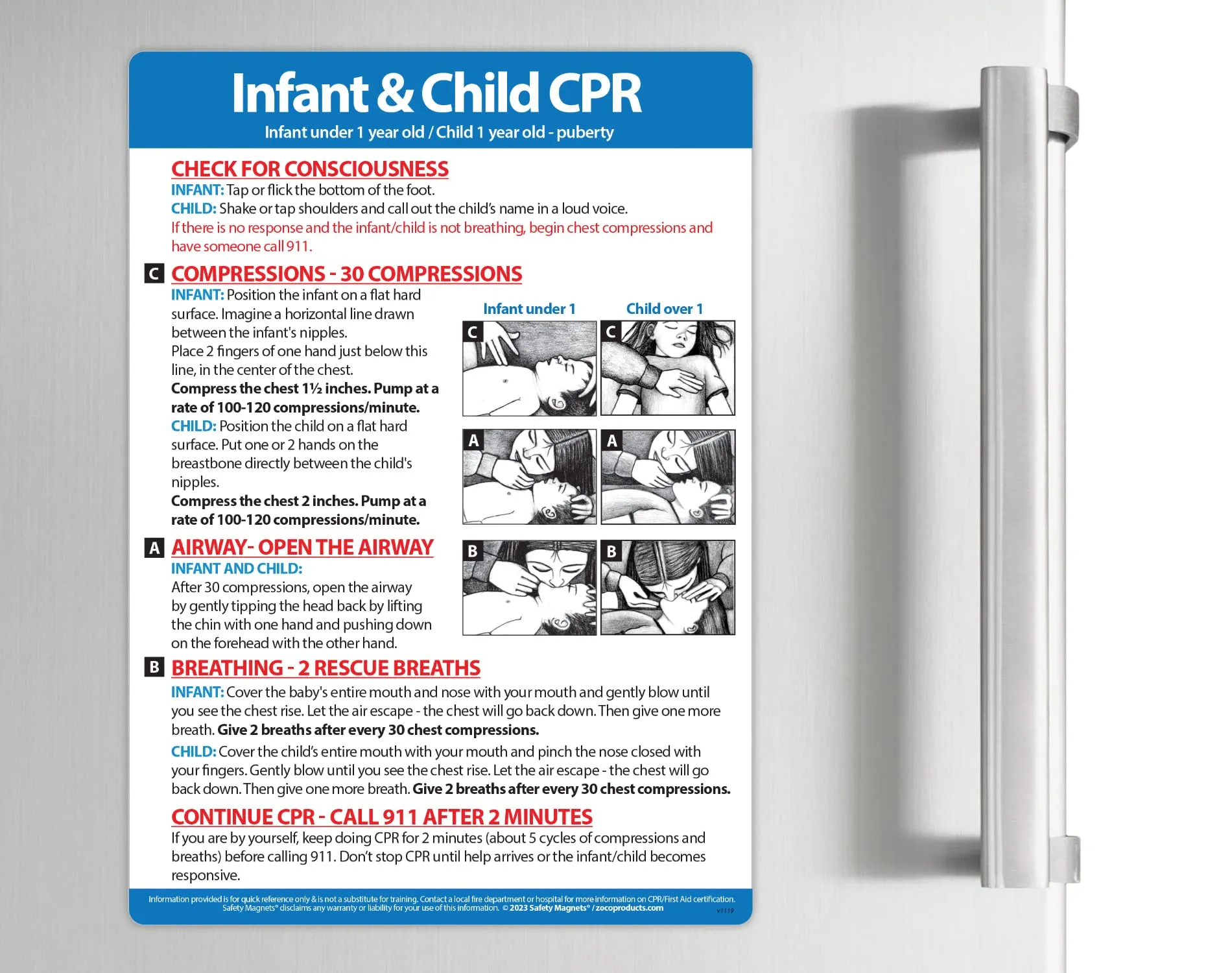 Infant CPR Safety Magnet - Baby/Infant Choking Sign - Child CPR Instructions - First Aid - Laminated Heimlich Maneuver Chart - 5 x 7 Inches