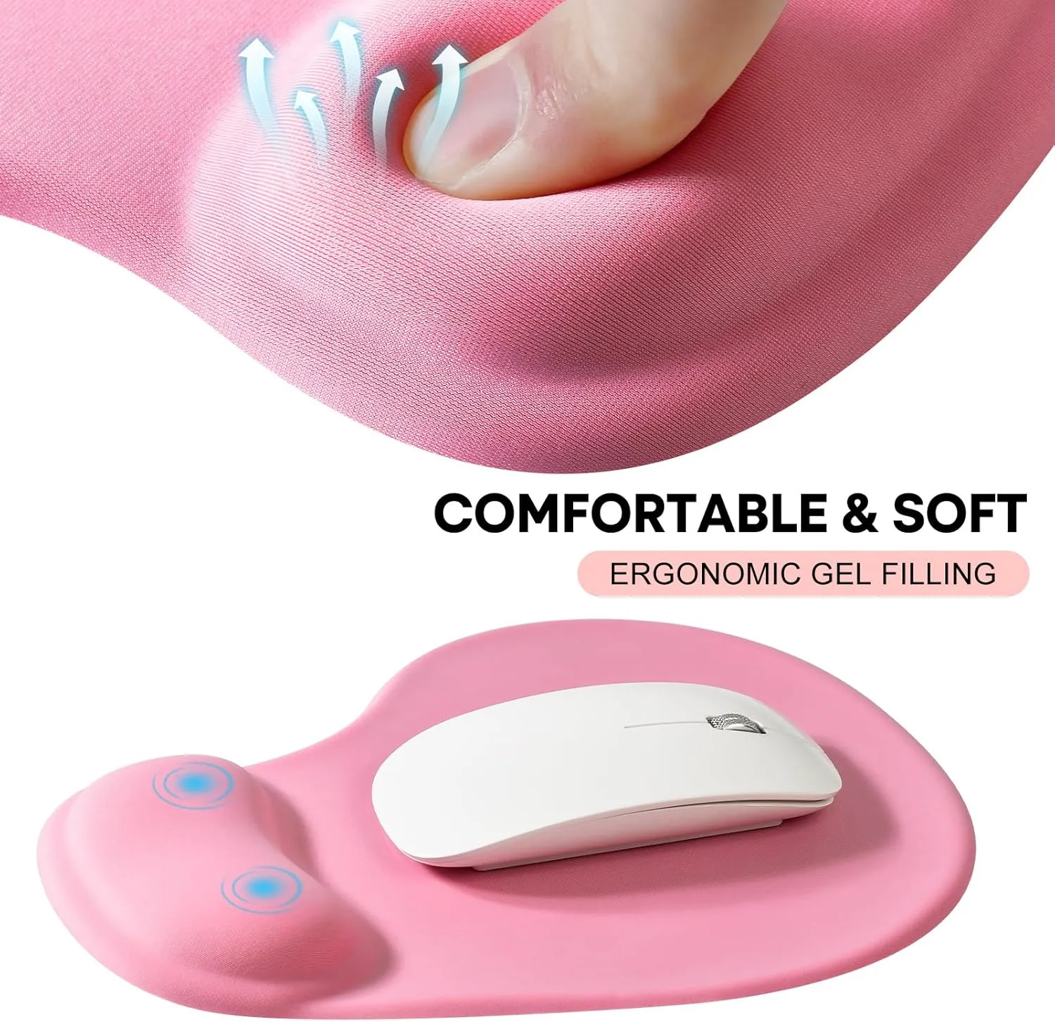 JIKIOU Mouse Pad, 2 Pack Ergonomic Mouse Pads with Comfortable Gel Wrist Rest Support and Lycra Cloth, Non-Slip PU Base for Easy Typing Pain Relief Durable and Easy to Clean Small Pink