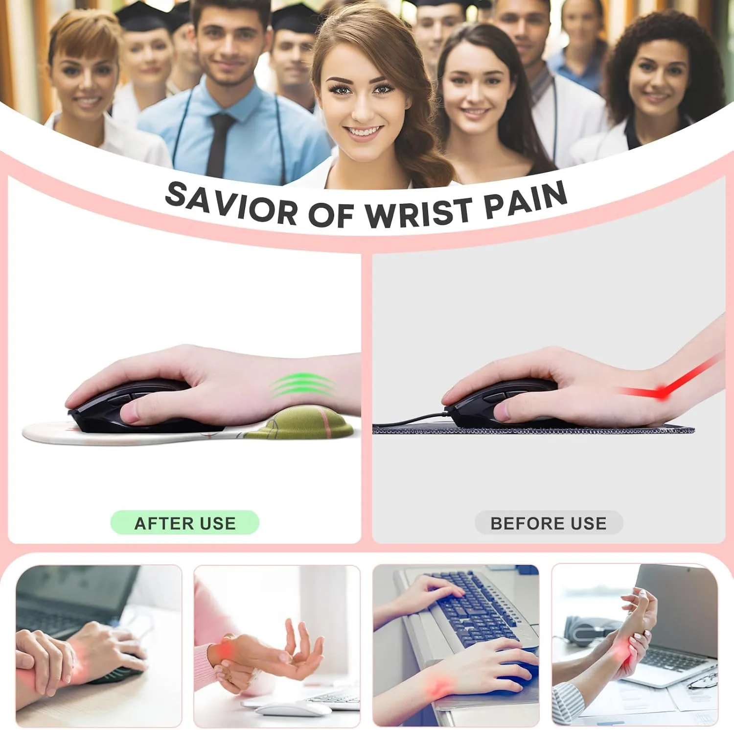 JIKIOU Mouse Pad, 2 Pack Ergonomic Mouse Pads with Comfortable Gel Wrist Rest Support and Lycra Cloth, Non-Slip PU Base for Easy Typing Pain Relief Durable and Easy to Clean Small Rose