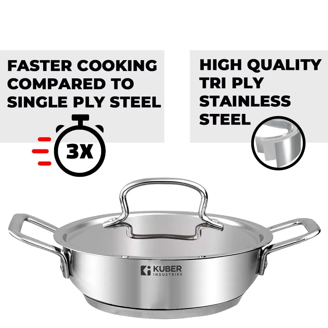 Kuber Industries Tri-ply Stainless Steel Kadhai with lid I Induction Base I 2 litres Capacity I 20cm Diameter I Extra Deep Frying Pan I Riveted Handles (Pack of 5)