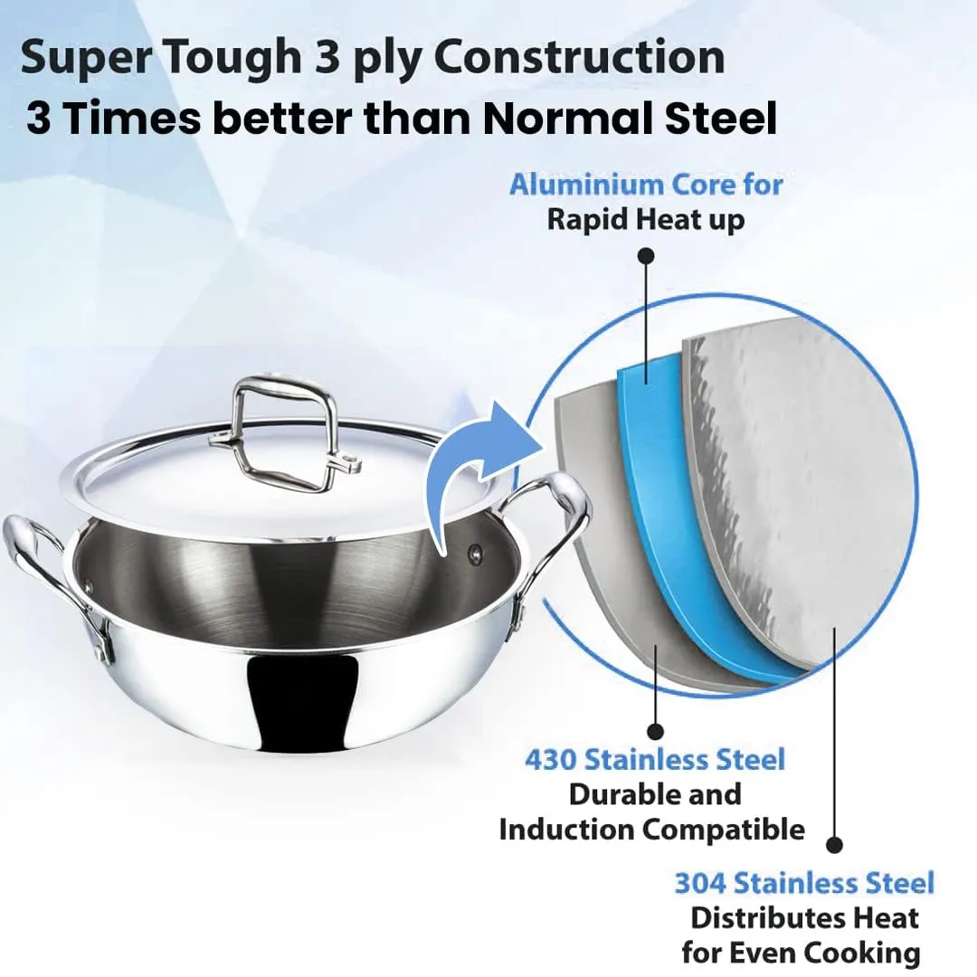 Kuber Industries Tri-ply Stainless Steel Kadhai with lid I Induction Base I 2 litres Capacity I 20cm Diameter I Extra Deep Frying Pan I Riveted Handles (Pack of 5)