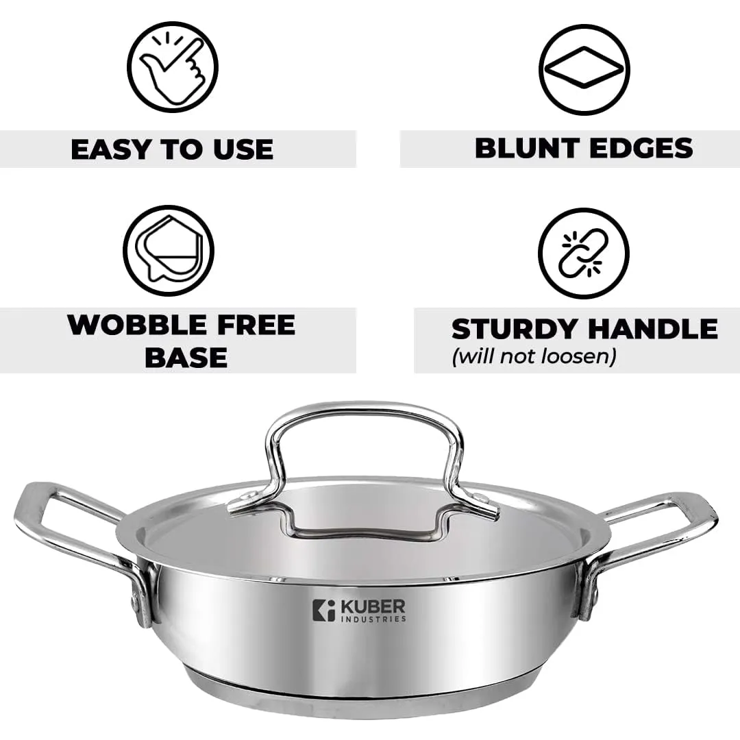 Kuber Industries Tri-ply Stainless Steel Kadhai with lid I Induction Base I 2 litres Capacity I 20cm Diameter I Extra Deep Frying Pan I Riveted Handles (Pack of 5)