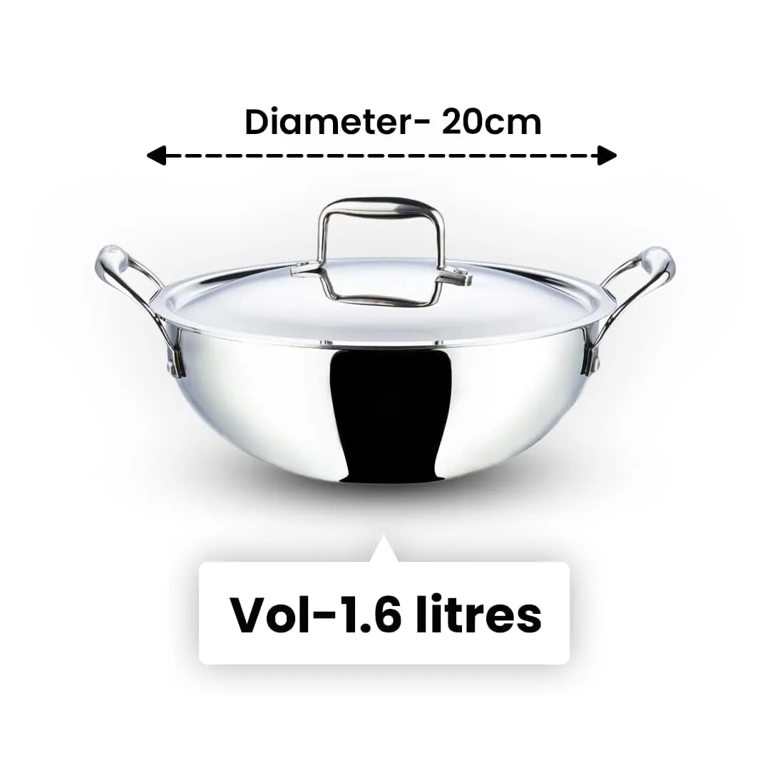 Kuber Industries Tri-ply Stainless Steel Kadhai with lid I Induction Base I 2 litres Capacity I 20cm Diameter I Extra Deep Frying Pan I Riveted Handles (Pack of 5)