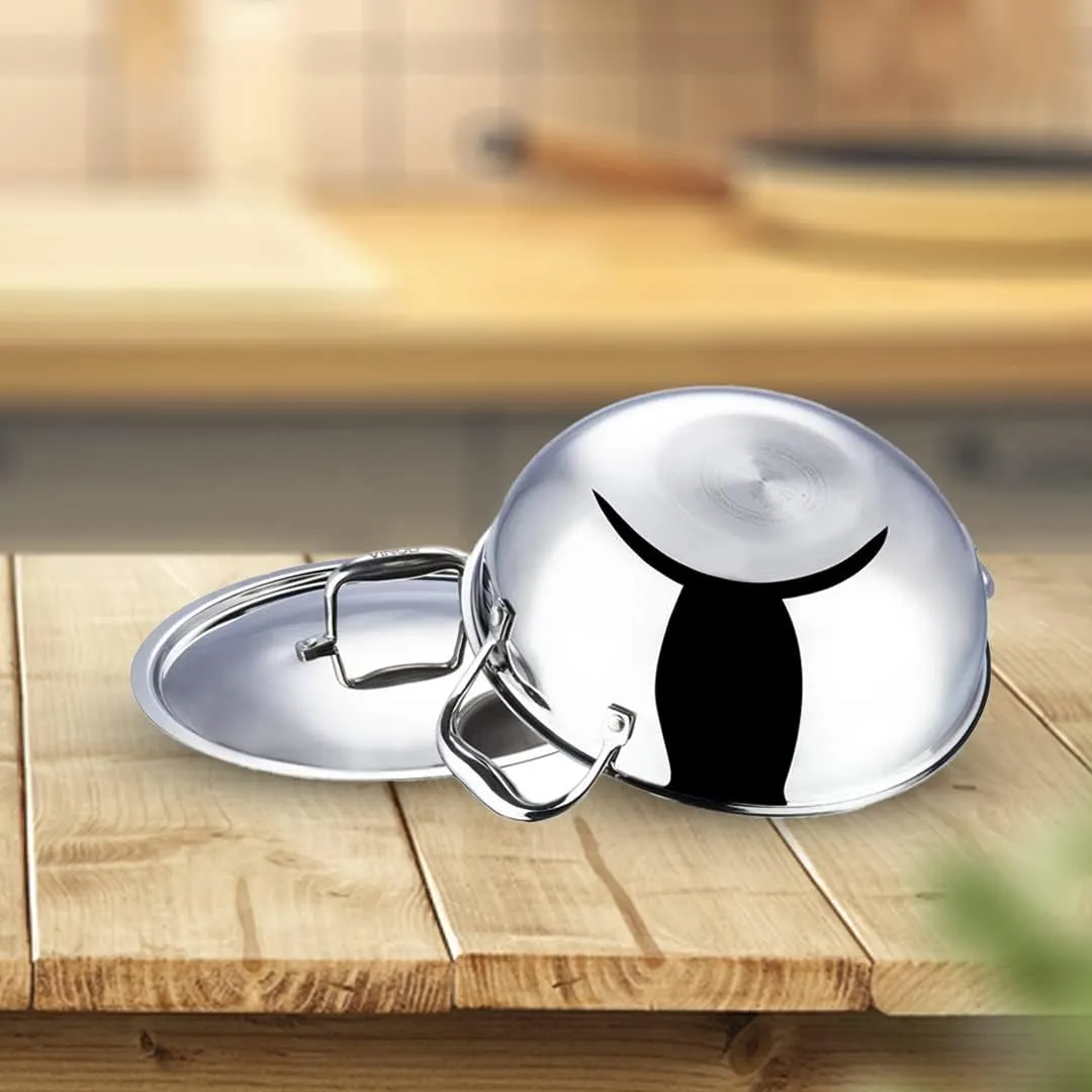 Kuber Industries Tri-ply Stainless Steel Kadhai with lid I Induction Base I 2 litres Capacity I 20cm Diameter I Extra Deep Frying Pan I Riveted Handles (Pack of 5)