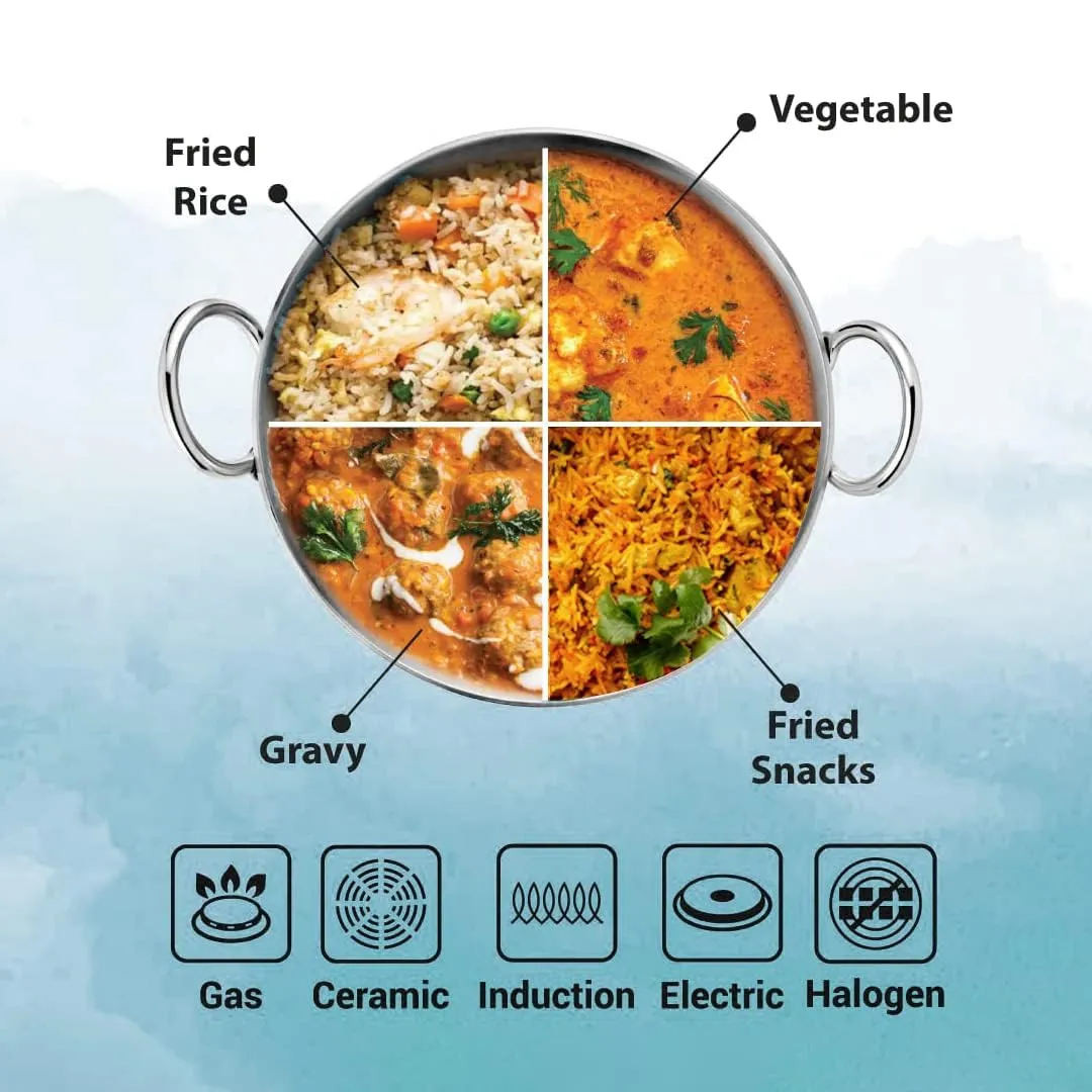 Kuber Industries Tri-ply Stainless Steel Kadhai with lid I Induction Base I 2 litres Capacity I 20cm Diameter I Extra Deep Frying Pan I Riveted Handles (Pack of 5)
