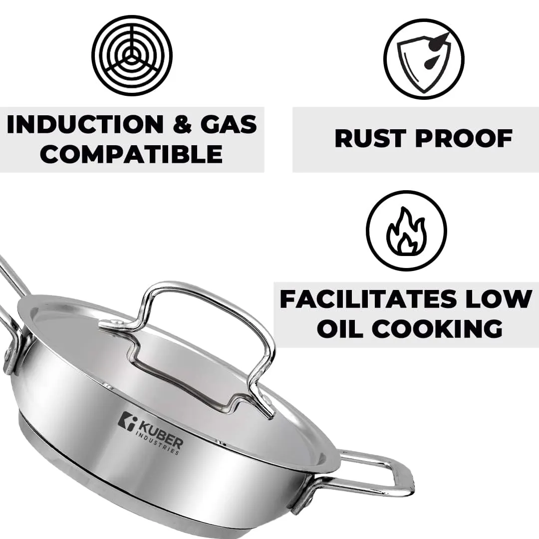 Kuber Industries Tri-ply Stainless Steel Kadhai with lid I Induction Base I 2 litres Capacity I 20cm Diameter I Extra Deep Frying Pan I Riveted Handles (Pack of 5)