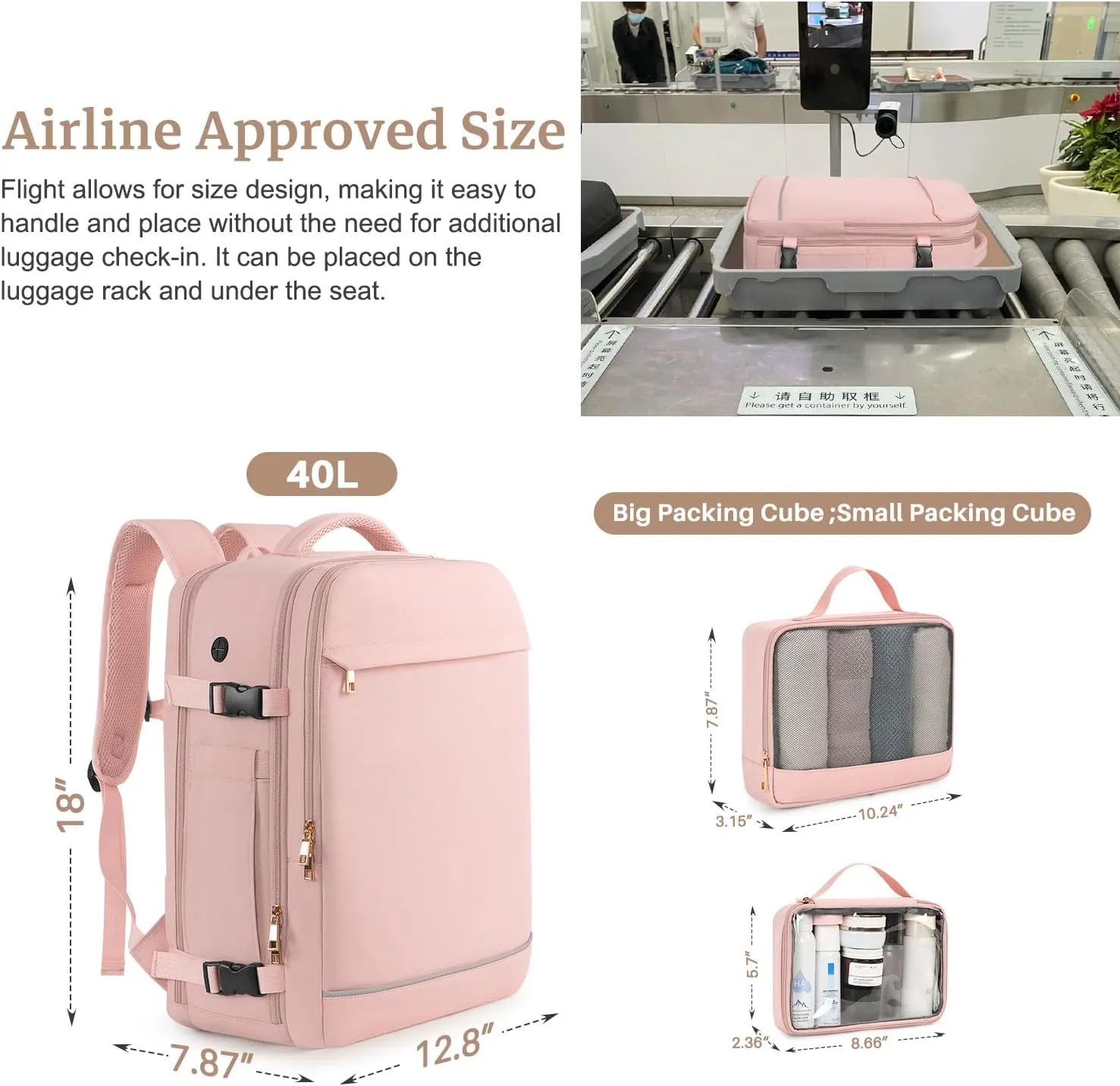 Large Travel Backpack for Women,Personal Item Travel Bag with 2 Packing Cubes, Carry on Backpack Airline Approved, Casual Daypack for Weekend Business Hiking (Pink)