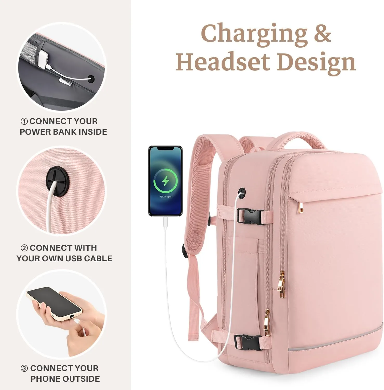 Large Travel Backpack for Women,Personal Item Travel Bag with 2 Packing Cubes, Carry on Backpack Airline Approved, Casual Daypack for Weekend Business Hiking (Pink)