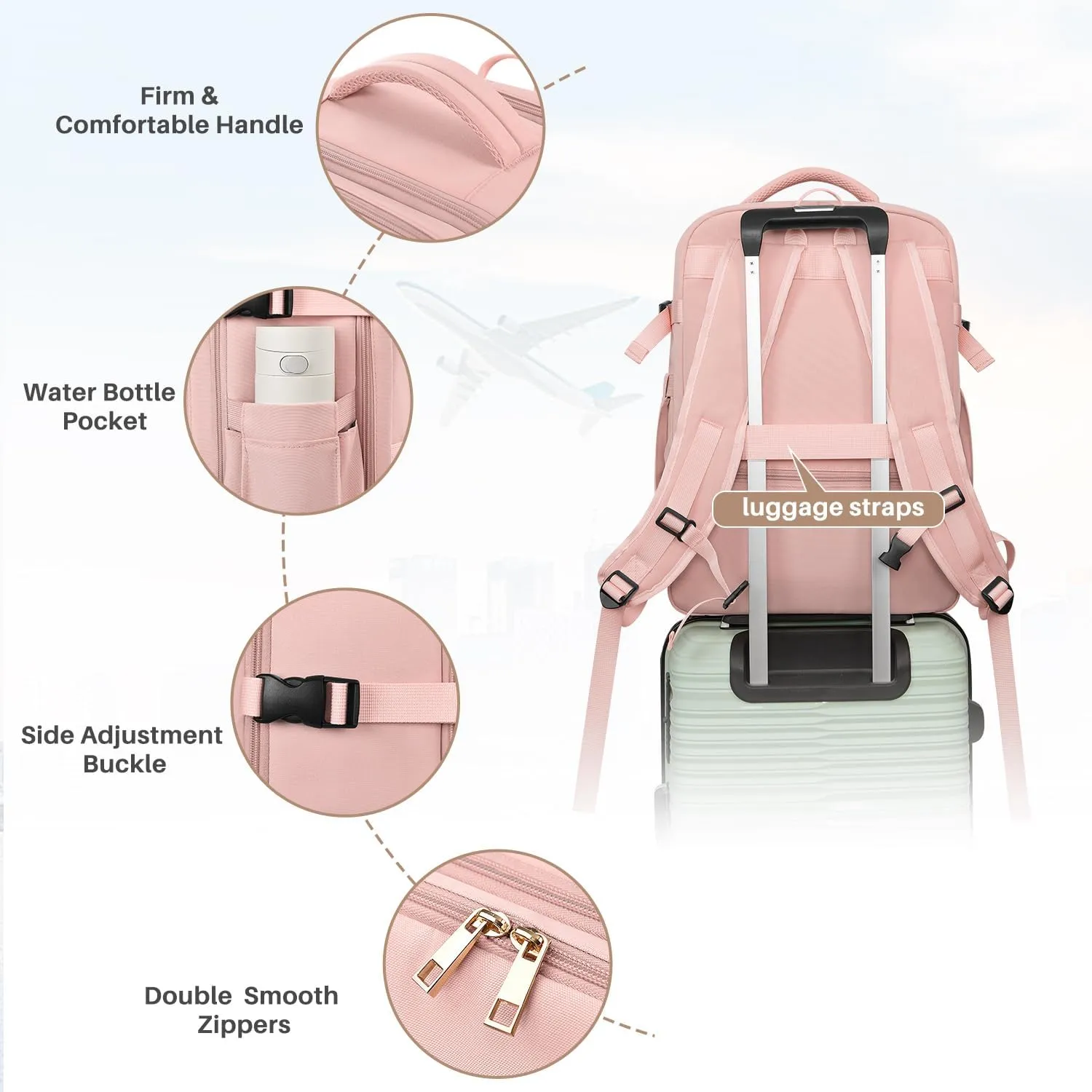 Large Travel Backpack for Women,Personal Item Travel Bag with 2 Packing Cubes, Carry on Backpack Airline Approved, Casual Daypack for Weekend Business Hiking (Pink)