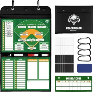 Magnetic Baseball Lineup Board - Collapsible Professional Softball & Baseball Coach Clipboard for Dugout, Leather Cover, 40 Lineup Cards, Markers & Eraser, Tactical Planning for Training & Games
