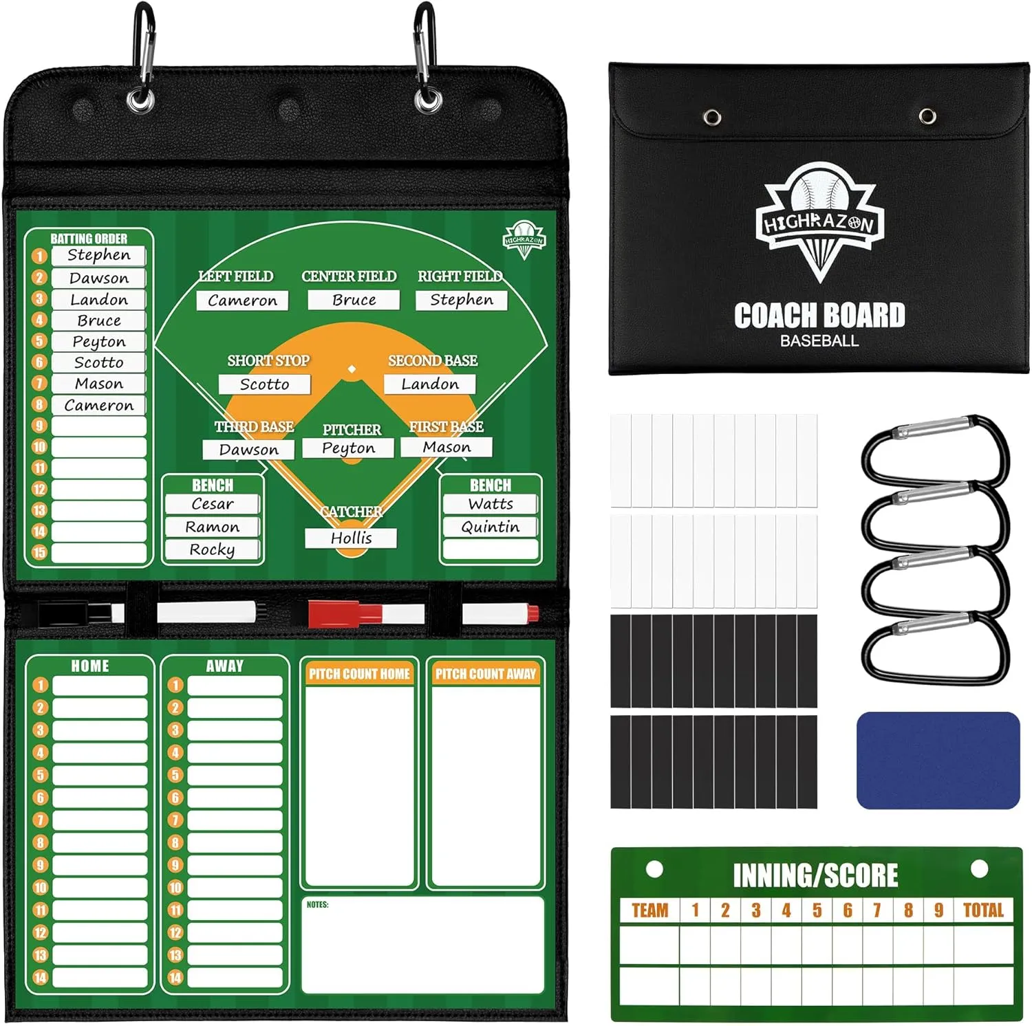 Magnetic Baseball Lineup Board - Collapsible Professional Softball & Baseball Coach Clipboard for Dugout, Leather Cover, 40 Lineup Cards, Markers & Eraser, Tactical Planning for Training & Games