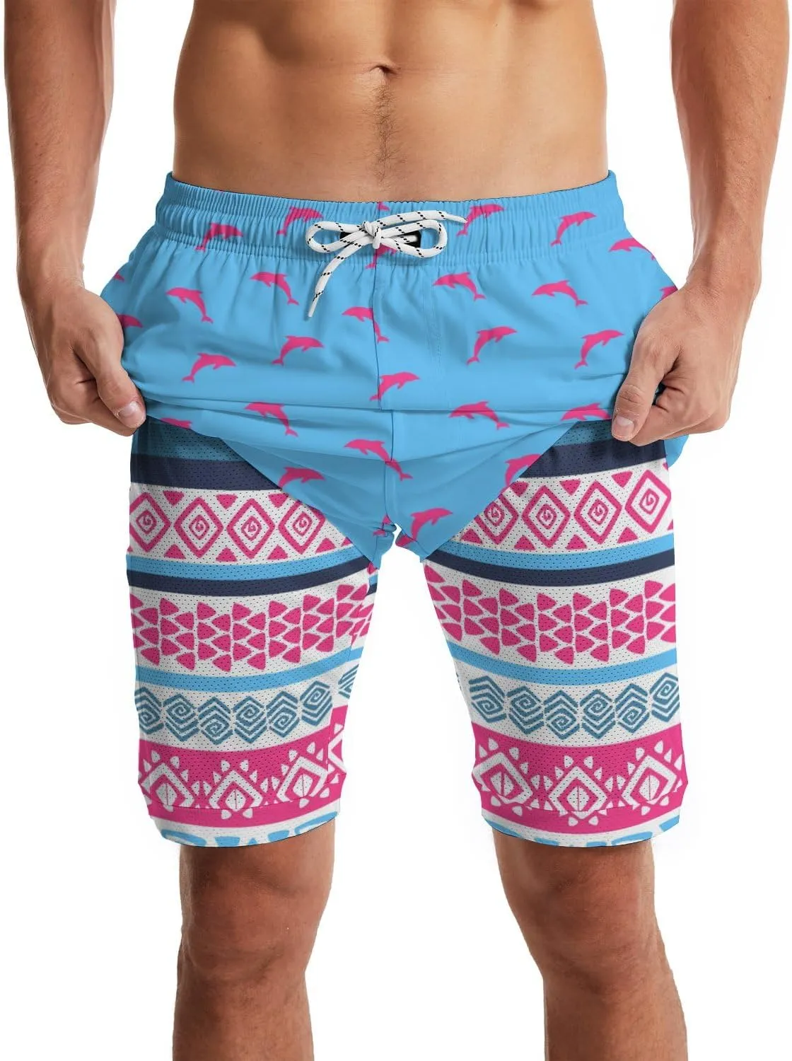 Mens Swim Trunks with Compression Liner 7" Bathing Suit Swimming Shorts Quick Dry Board Shorts Swimsuits with Pockets