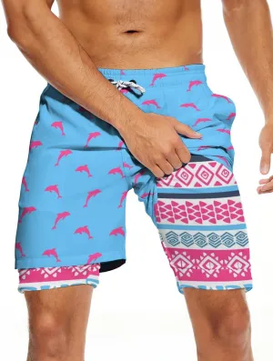 Mens Swim Trunks with Compression Liner 7" Bathing Suit Swimming Shorts Quick Dry Board Shorts Swimsuits with Pockets