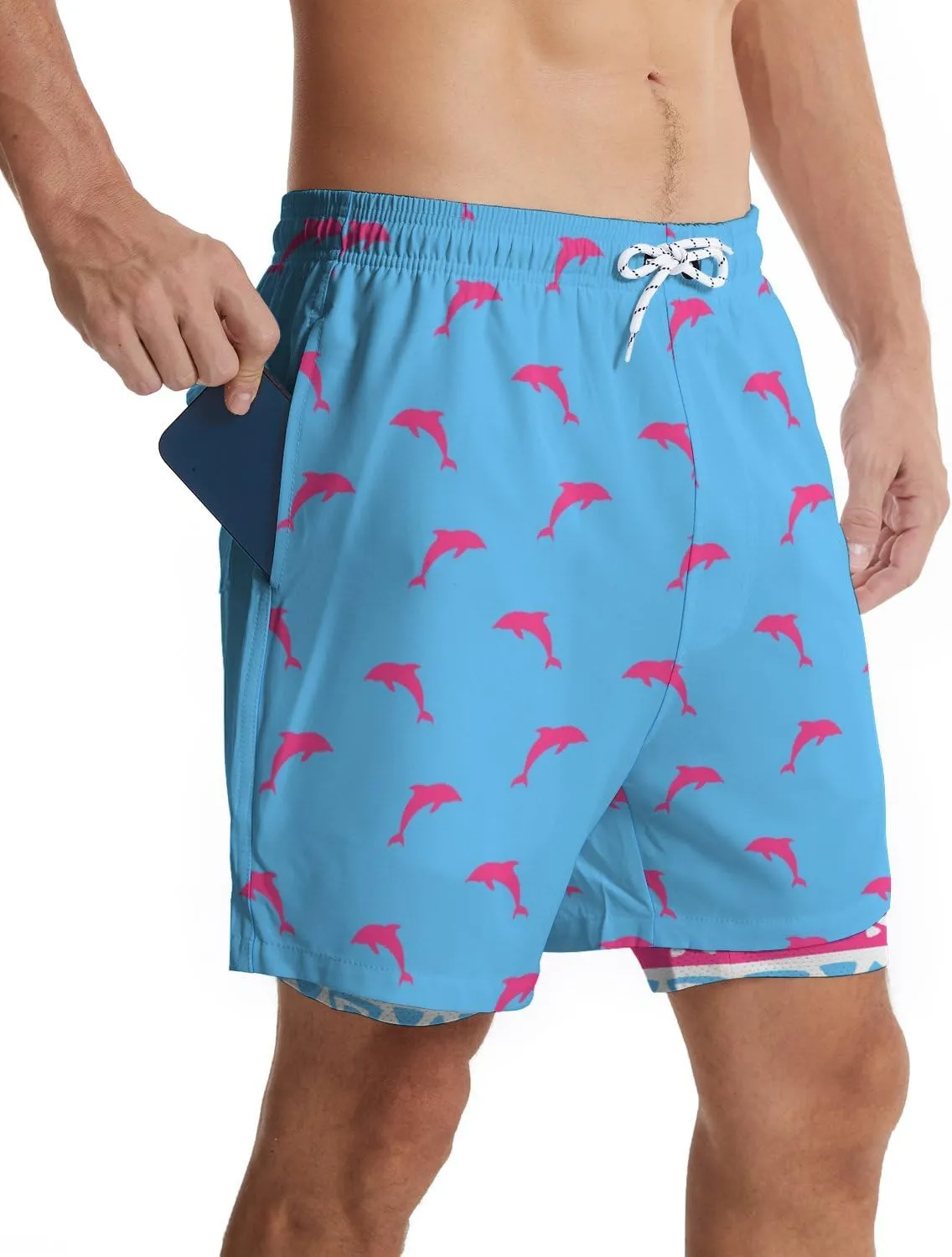 Mens Swim Trunks with Compression Liner 7" Bathing Suit Swimming Shorts Quick Dry Board Shorts Swimsuits with Pockets