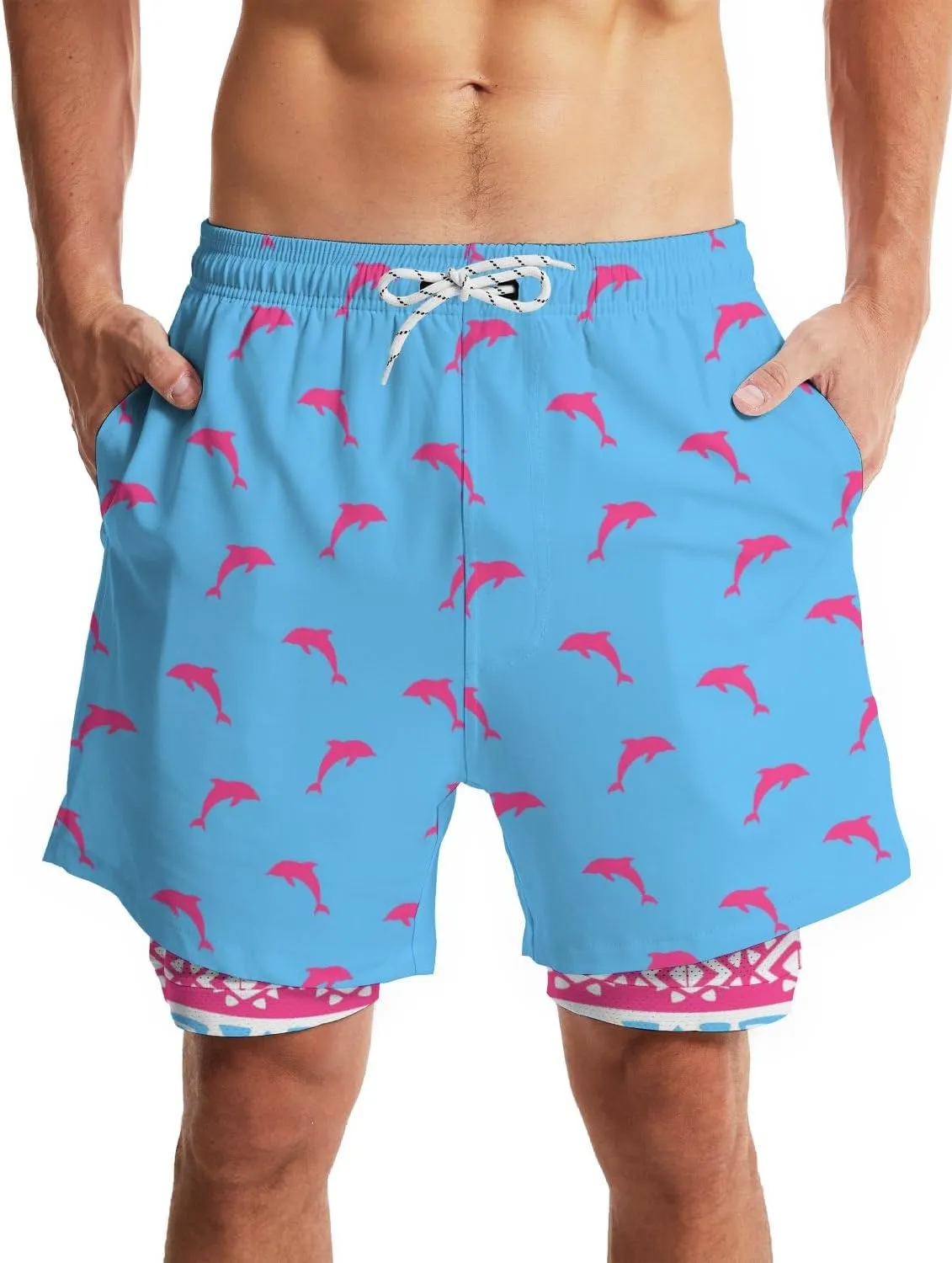 Mens Swim Trunks with Compression Liner 7" Bathing Suit Swimming Shorts Quick Dry Board Shorts Swimsuits with Pockets