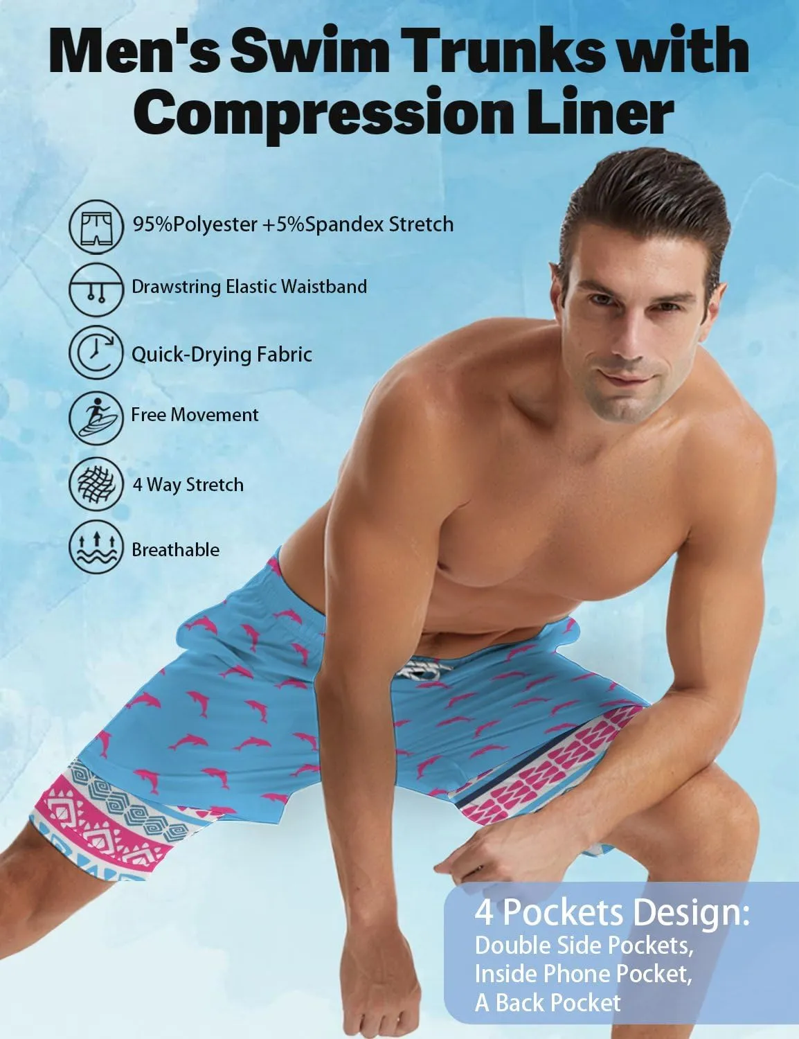 Mens Swim Trunks with Compression Liner 7" Bathing Suit Swimming Shorts Quick Dry Board Shorts Swimsuits with Pockets