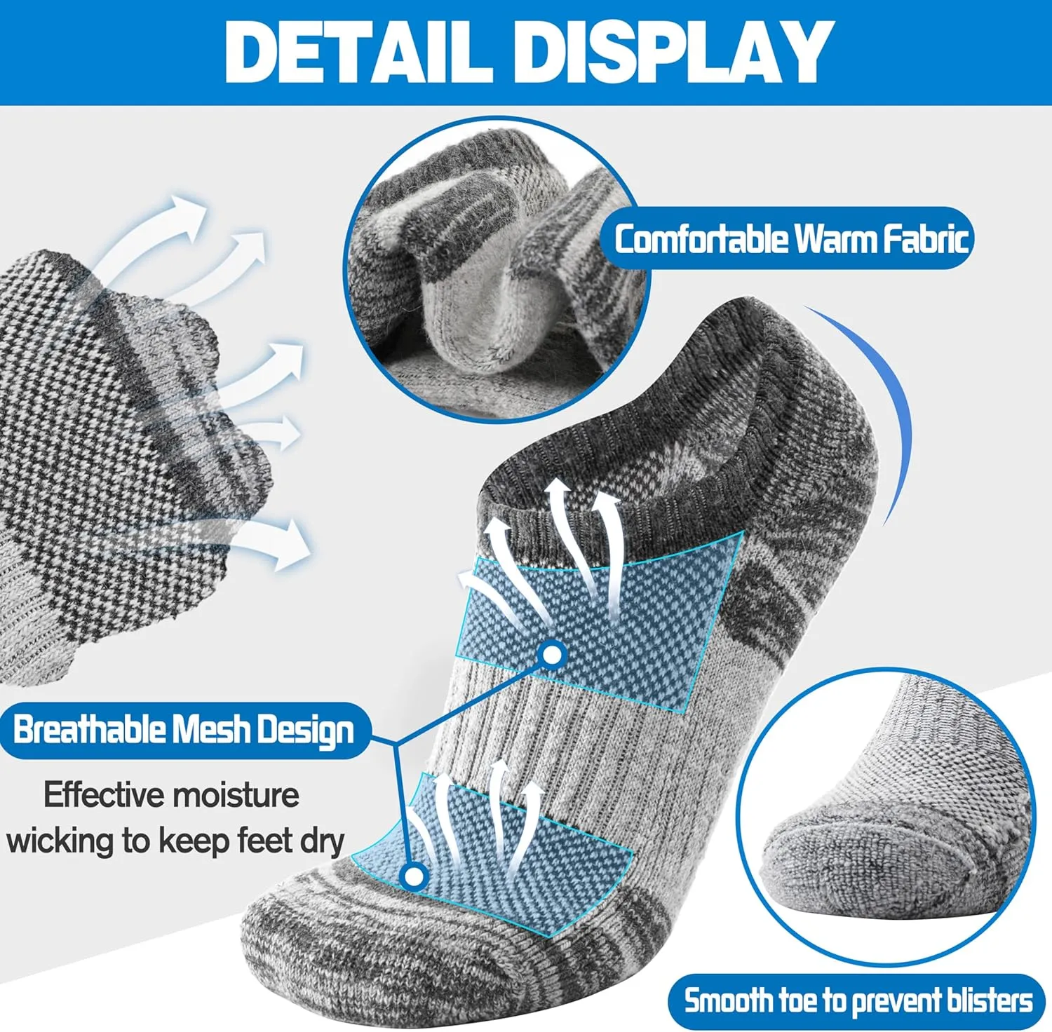 Merino Wool Hiking Running No Show Socks for Women Men Thick Warm Athletic Low Cut Thermal Ankle Socks 6 Pairs