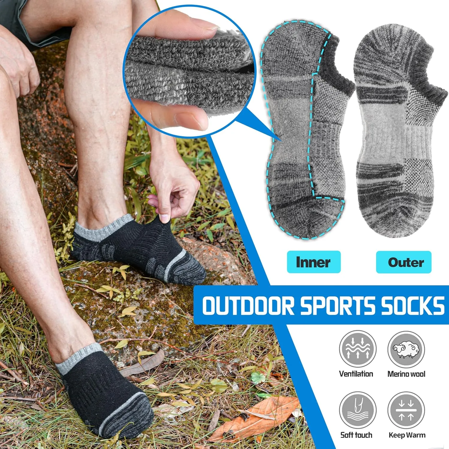 Merino Wool Hiking Running No Show Socks for Women Men Thick Warm Athletic Low Cut Thermal Ankle Socks 6 Pairs