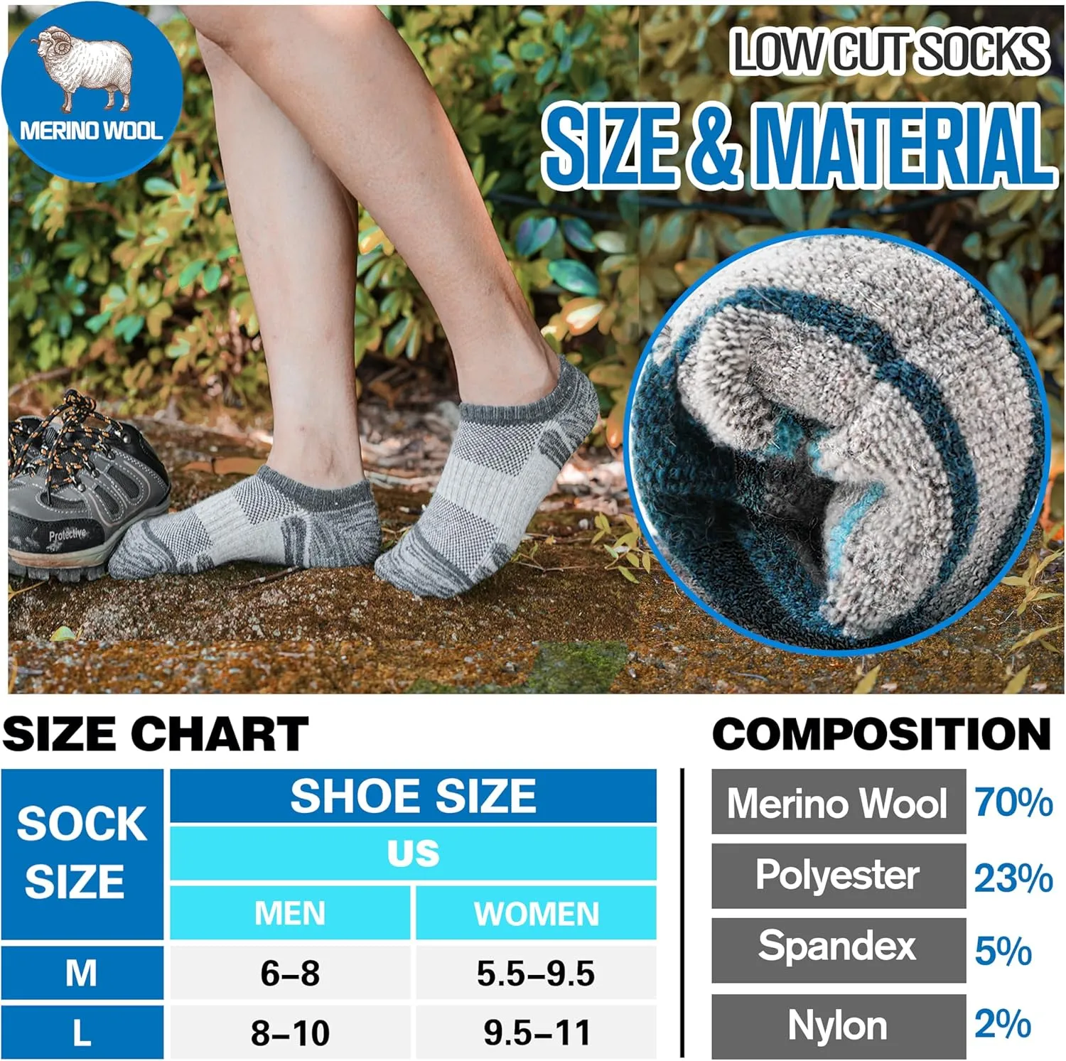 Merino Wool Hiking Running No Show Socks for Women Men Thick Warm Athletic Low Cut Thermal Ankle Socks 6 Pairs