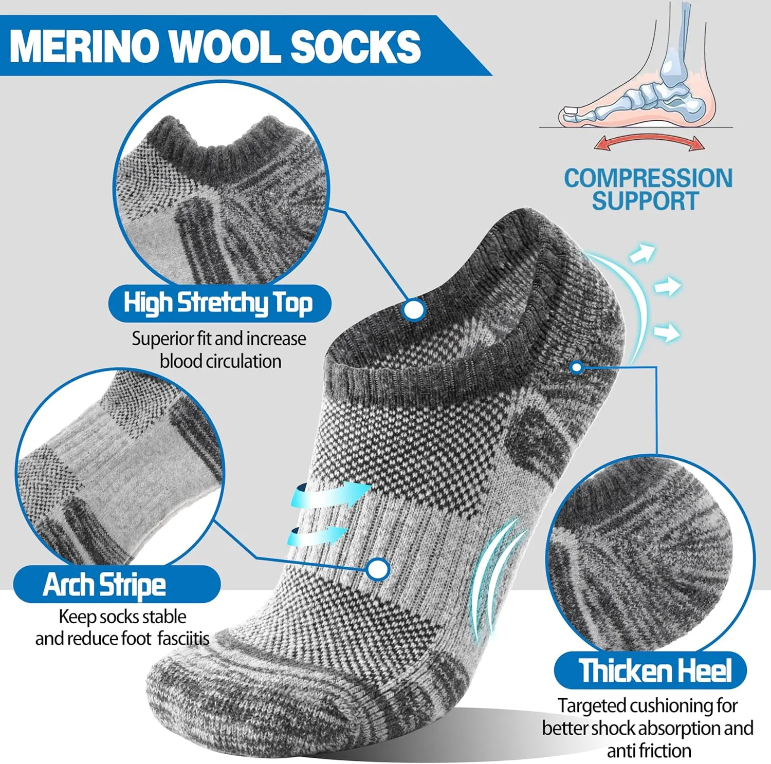 Merino Wool Hiking Running No Show Socks for Women Men Thick Warm Athletic Low Cut Thermal Ankle Socks 6 Pairs