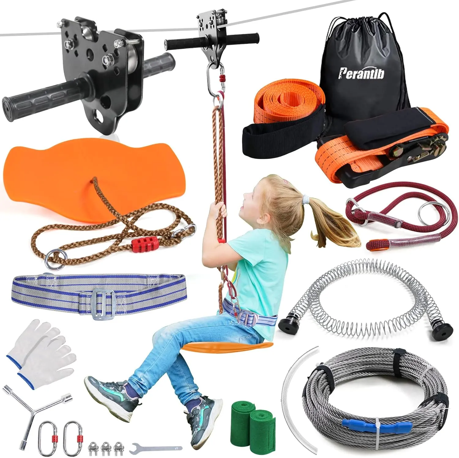 Perantlb Zipline for Backyard Kids and Adults,Zipline Kits for Backyard with 100ft Cable,6ft Zipline Spring Brake and Belt,Zip line Trolley with Handle,seat and Bag