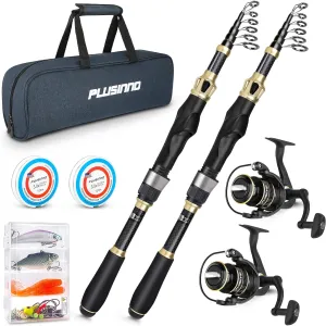 PLUSINNO Fishing Rod and Reel Combo,Fishing Pole,Telescopic Fishing Rod Kit with Spinning Reel, Telescopic Fishing Pole with Carrier Bag for Freshwater Saltwater for Men Women