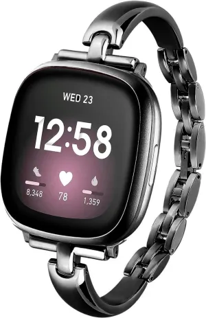 Silm Metal Band Compatible with Fitbit Versa 4/Fitbit Sense 2 Band Cute Women, Bling Jewelry Strap Replacement Compatible for Fitbit Sense/Versa 3 Women (Black)