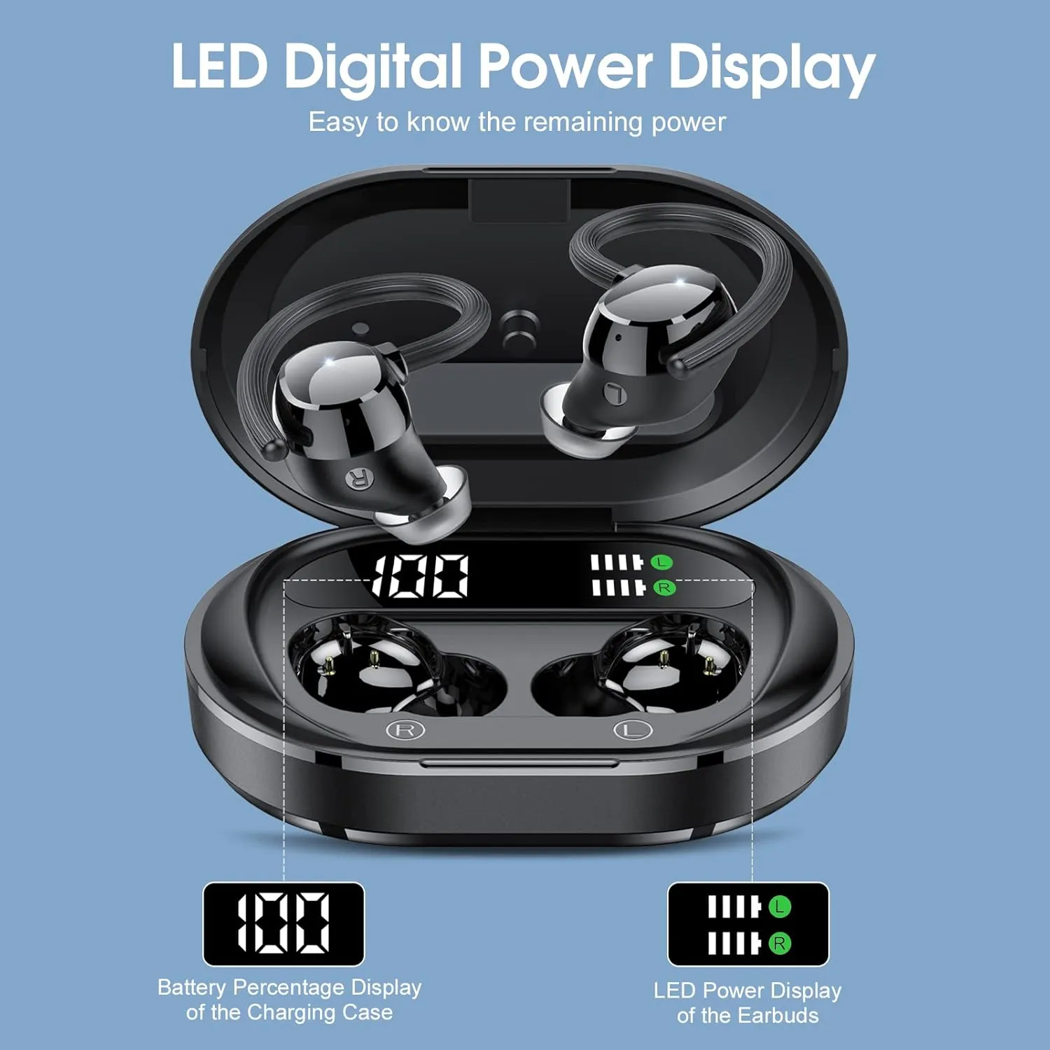 Wireless Earbuds, 2023 New Ultralight Sport Bluetooth 5.3 Headphones In Ear with LED Display, Built-in Mic Earphones, IPX7 Waterproof Wireless Headphones with Earhooks for Gym Workout (Black)