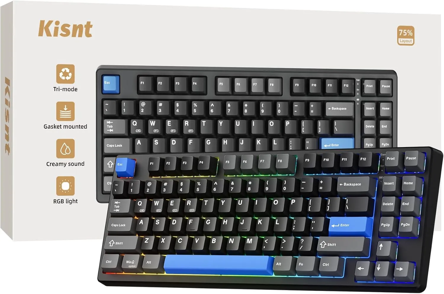 Wireless Mechanical Keyboard,Gasket Mounted with Creamy Sound,Bluetooth/2.4GHz/USB-C,Custom Hot Swappable,RGB Backlit,75% Compact Layout for Gaming/Typing/Win/Mac/PC(Textured Black,Linear Switch